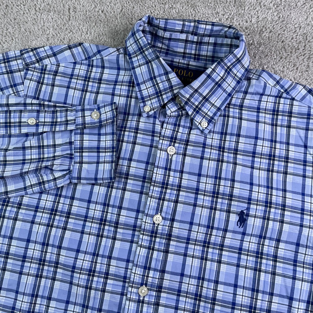 Polo Ralph Lauren Shirt Mens Medium Blue Plaid Classic Fit Stretch Button Down